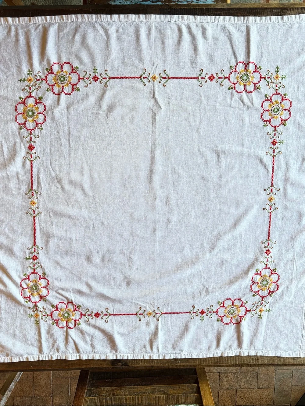 Vintage Hand Embroidered Linen Table Topper 37” Square Floral Cottagecore